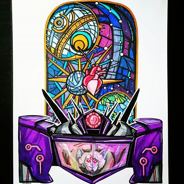 TFP Shockwave commission, 9 x 12 for @theshapeofmetal .
Stained glass background with Cybe